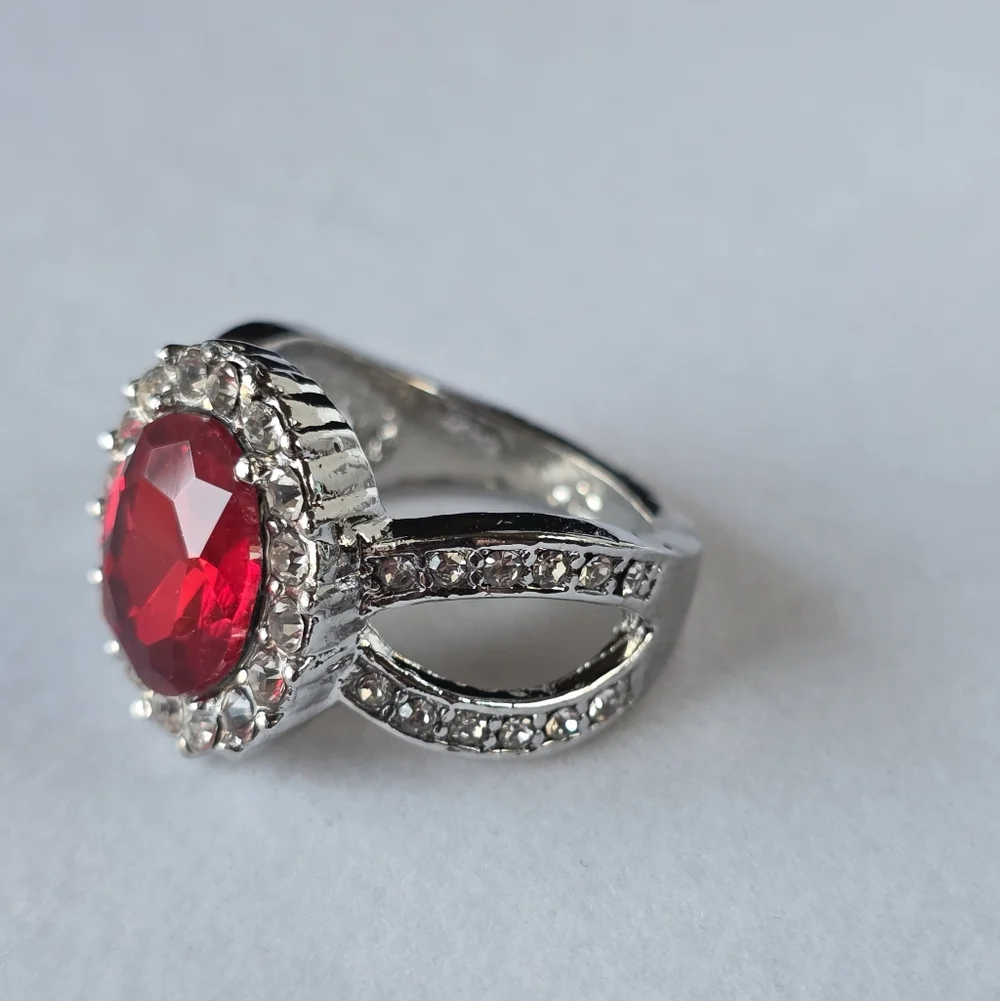 Ruby Red Halo Ring Split Shank Fashion Jewelry Faux Gemstone And Diamonds